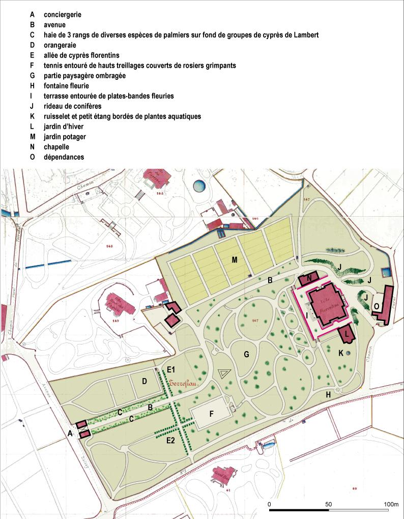 Plan de repérage des éléments du jardin en 1913, sur fond de plan régulateur de 1884, feuille 126.