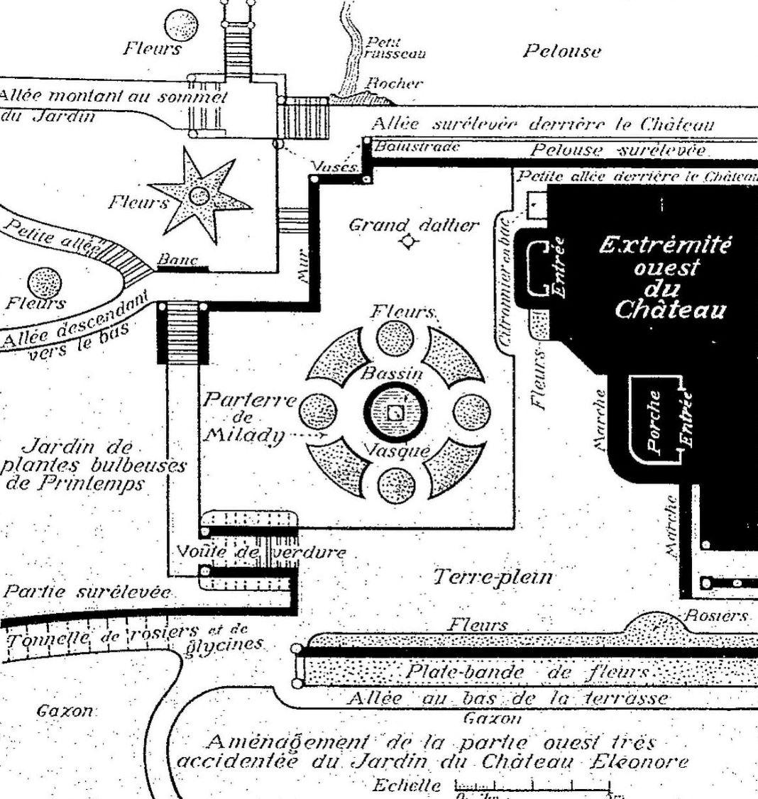 Aménagement de la partie ouest très accidentée du jardin du Château Eleonore. [Plan de détail du jardin italien ou jardin de Milady], 1908.