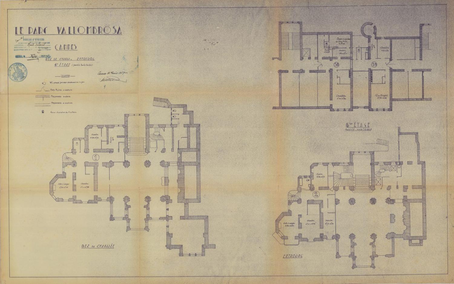 Le parc Vallombrosa. Cannes. Rez-de-chaussée. Entresol. 6e étage (partie habitable), 1937