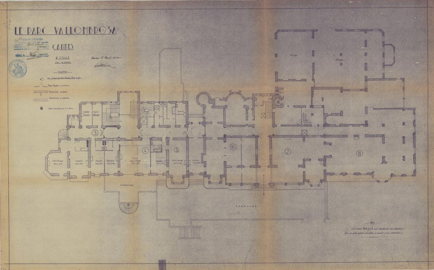 Le parc Vallombrosa. Cannes. 1er étage. [Rez-de-chaussée surélevé], 1937