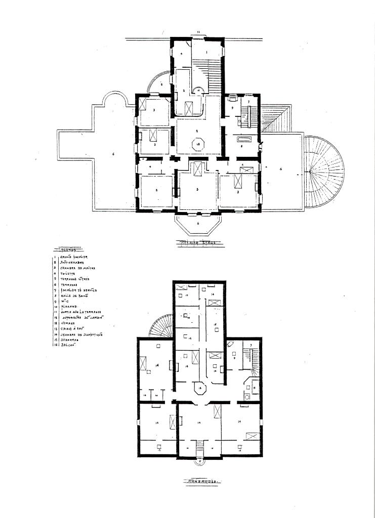 [Château Thorenc avant transformation. Plans du 1er étage et des mansardes], vers 1890.