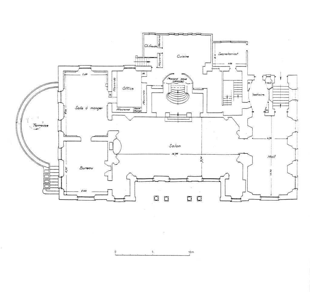 [Château Thorenc après ultimes transformations. Plans du sous-sol, du rez-de-chaussée et du 1er étage.], après 1932. Détail : plan du rez-de-chaussée.