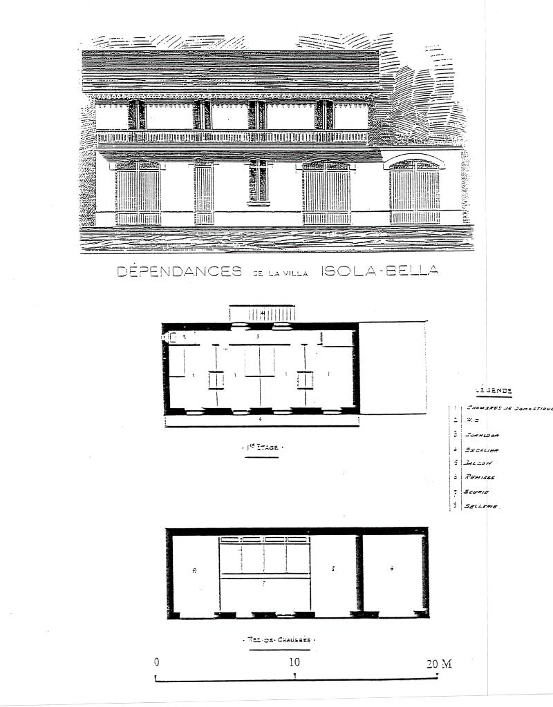 Dépendances de la villa Isola Bella. [Ecuries : façade, plans]. 1885.