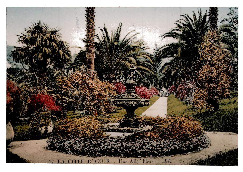 La Côte d'Azur - Une allée fleurie. [Fontaine et allée conduisant à l'escalier latéral sud de la terrasse de la villa Fiorentina], [vers 1900].