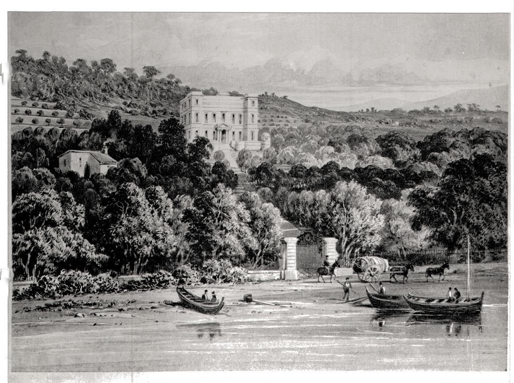Château Eleanor Louise. [La villa Eléonore-Louise à Cannes vue du rivage peu après sa construction.], [vers 1840].