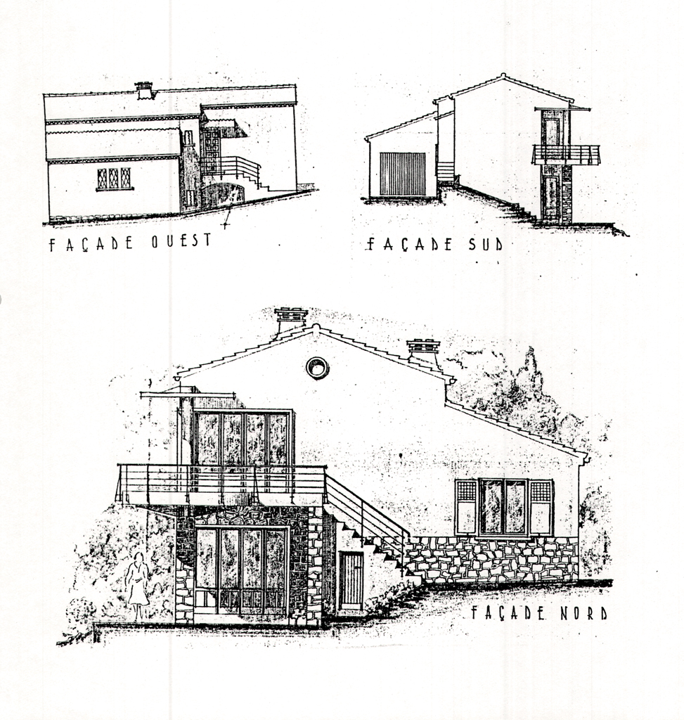 [Maison 7 avenue des Cistes au Lavandou. Façades ouest, sud et nord.], 1959.