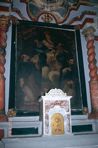 Tableau d'autel : Donation du Rosaire par la Vierge à l'Enfant à saint Dominique en présence de saint Vincent Ferrier