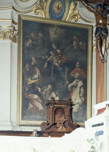 Tableau d'autel : Apparition de la Vierge à l'Enfant à sainte Lucie, saint François d'Assise, saint Bruno et saint Charles Borromée