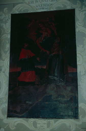 Tableau d'autel : Apparition de la Vierge à l'Enfant à saint Charles Borromée et saint Cyprien