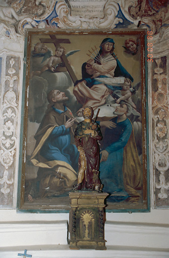 Tableau d'autel : Apparition de la Vierge des sept douleurs à saint Roch et à saint Pierre