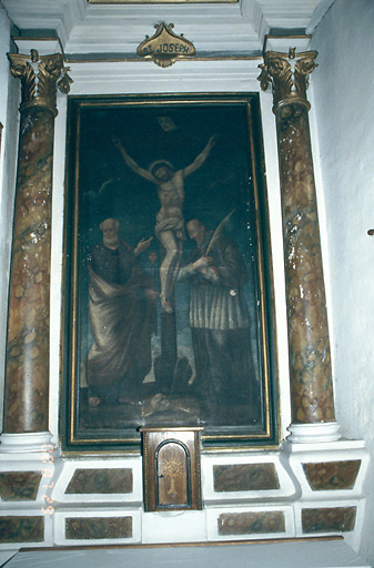 Tableau d'autel : Christ en croix entre saint Joseph et saint Jean Népomucène