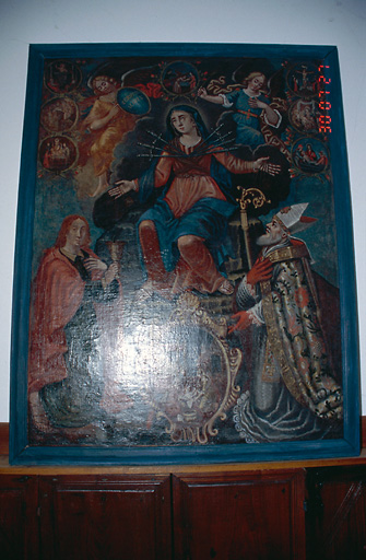 Tableau d'autel : Apparition de Notre-Dame des Sept Douleurs à saint Jean l'Evangéliste et à saint Mamilien