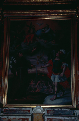 Tableau d'autel : Intercession de saint Antoine de Padoue et de saint Michel en faveur des Ames du Purgatoire auprès de la Sainte Trinité