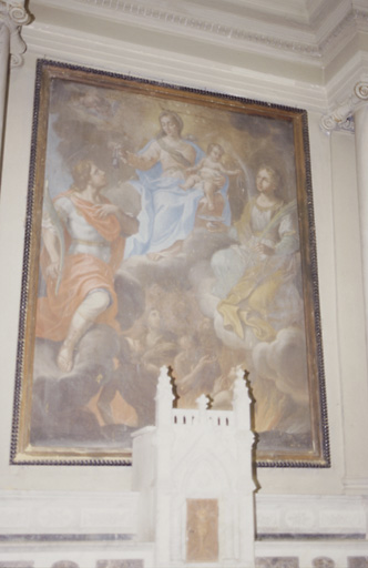 Tableau d'autel : Remise du scapulaire à saint Maurice et à sainte Lucie par la Vierge et l'Enfant Jésus