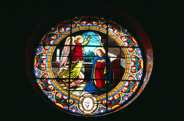 3 verrières mixtes : Annonciation, saint Jean-Baptiste, saint Nicolas, ornementation