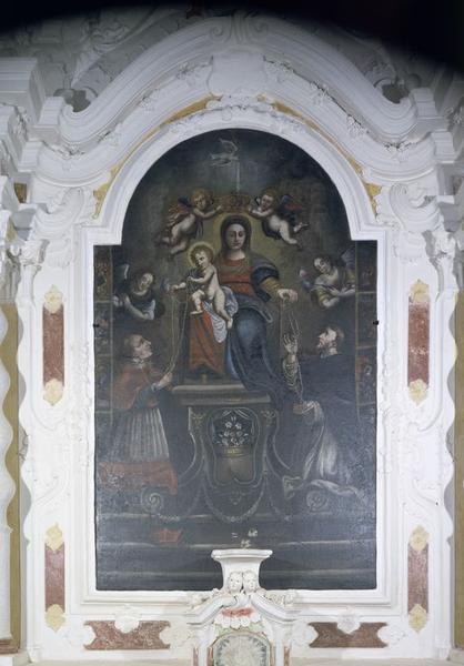 Tableau d'autel : Donation du Rosaire à saint Dominique et à saint Charles Borromée par la Vierge et l'Enfant Jésus