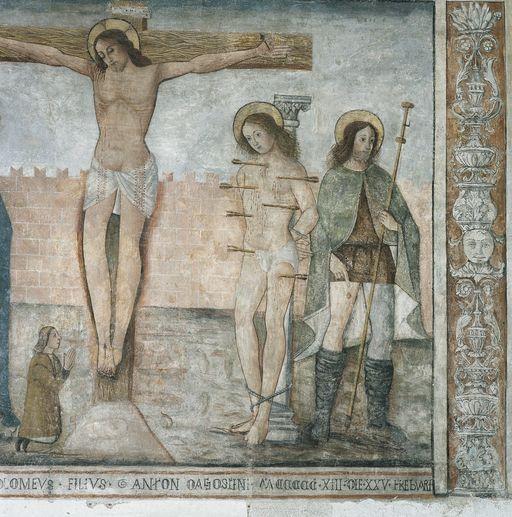 Détail : Christ en croix, saint Sébastien et saint Roch.