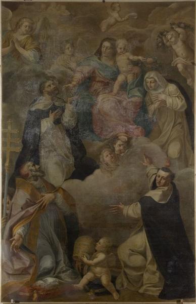 Tableau : Remise du Rosaire à saint Dominique et sainte Catherine de Sienne en présence de saint Vincent Ferrier et de saint Pie V