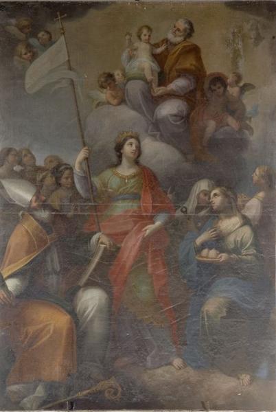 Tableau : Apparition de saint Joseph et l'Enfant Jésus à sainte Ursule et ses compagnes en présence d'un saint évêque, des saintes Agathe, Appoline et Lucie