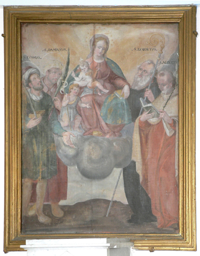 Tableau d'autel : Vierge à l'Enfant et saint Jean-Baptiste enfant entourés des saints Côme, Damien, Benoît et Albert