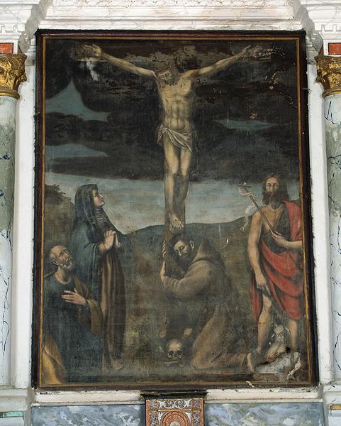 Tableau d'autel : Christ en croix entre la Vierge, saint Jean-Baptiste, saint Pierre et saint François d'Assise
