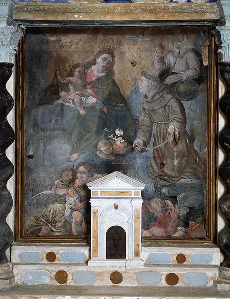 Tableau d'autel : Remise du Scapulaire à saint Simon Stock par Notre-Dame du Mont Carmel en présence de Dieu le Père et du Saint-Esprit