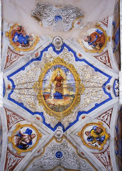 Peintures monumentales : Sainte Barbe, Quatre Evangélistes, Colombe du Saint-Esprit, ornementation