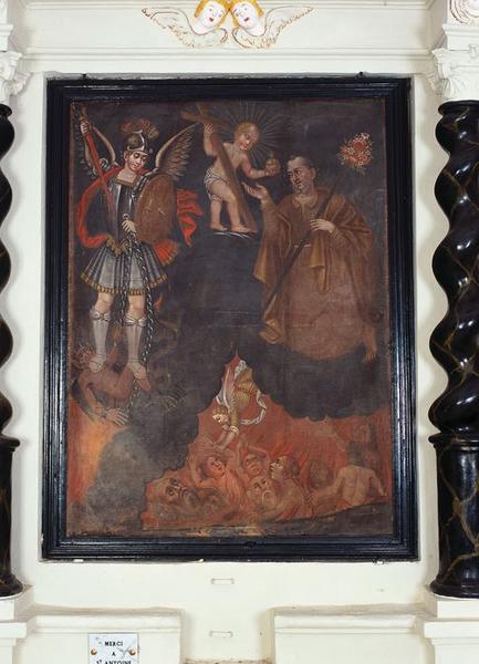 Tableau d'autel : Intercession de saint Joseph auprès de l'Enfant Jésus en faveur des Ames du Purgatoire, en présence de saint Michel terrassant le démon