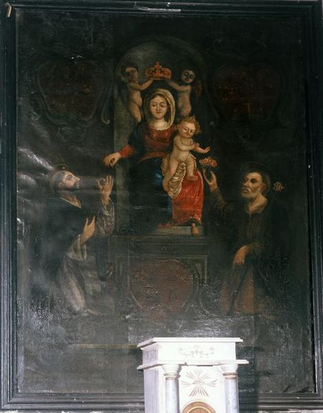 Tableau d'autel : Donation du Rosaire à saint Dominique en présence de saint Joseph