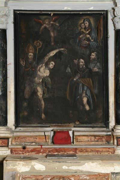 Tableau d'autel : Remise du scapulaire et de la palme du martyre à saint Sébastien par la Vierge à l'Enfant et un ange en présence de saint François d'Assise, de saint Roch et de saint Blaise