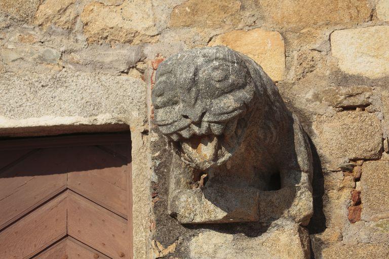 Tête de lion, à droite de la porte principale. Vue de face.