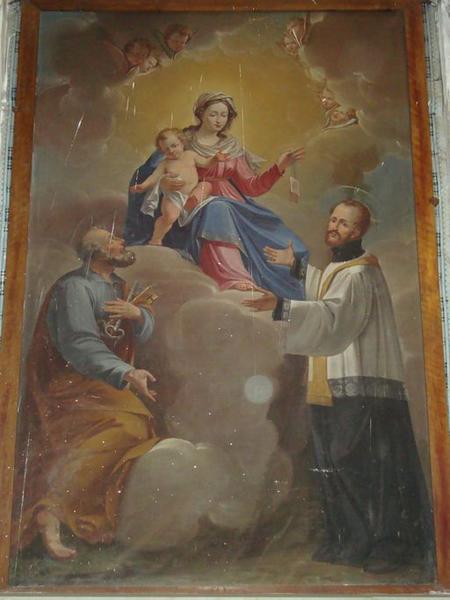 Tableau d'autel : Remise du scapulaire à saint François Xavier (?) par Notre-Dame du Mont Carmel en présence de saint Pierre