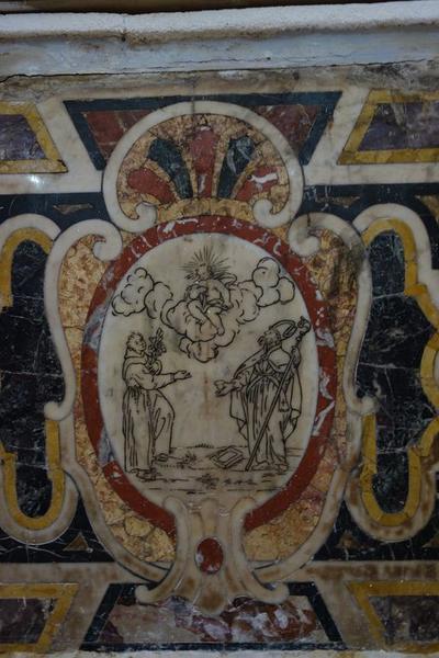 Vue d'ensemble du cartouche figurant saint Antoine de Padoue, un évêque et l'Enfant Jésus. - © Collectivité Territoriale de Corse