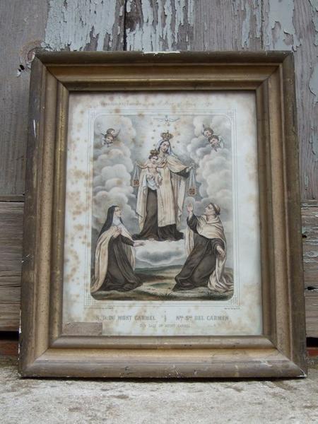 Estampe, ex-voto : Remise du scapulaire par Notre-Dame du Mont Carmel à saint Simon Stock en présence de sainte Thérèse d'Avila