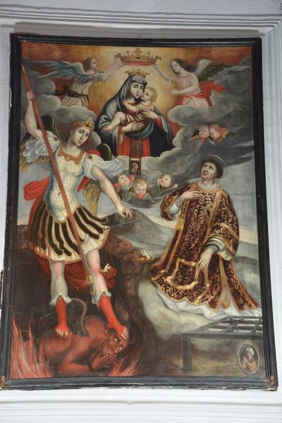 Tableau d'autel : Vierge du Scapulaire couronnée par deux anges avec saint Michel et saint Laurent