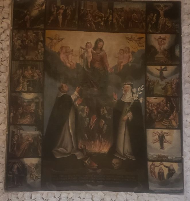 Retable du Rosaire et tableau : la Vierge et l'Enfant remettant le rosaire à sainte Catherine de Sienne et saint Dominique et scènes du rosaire