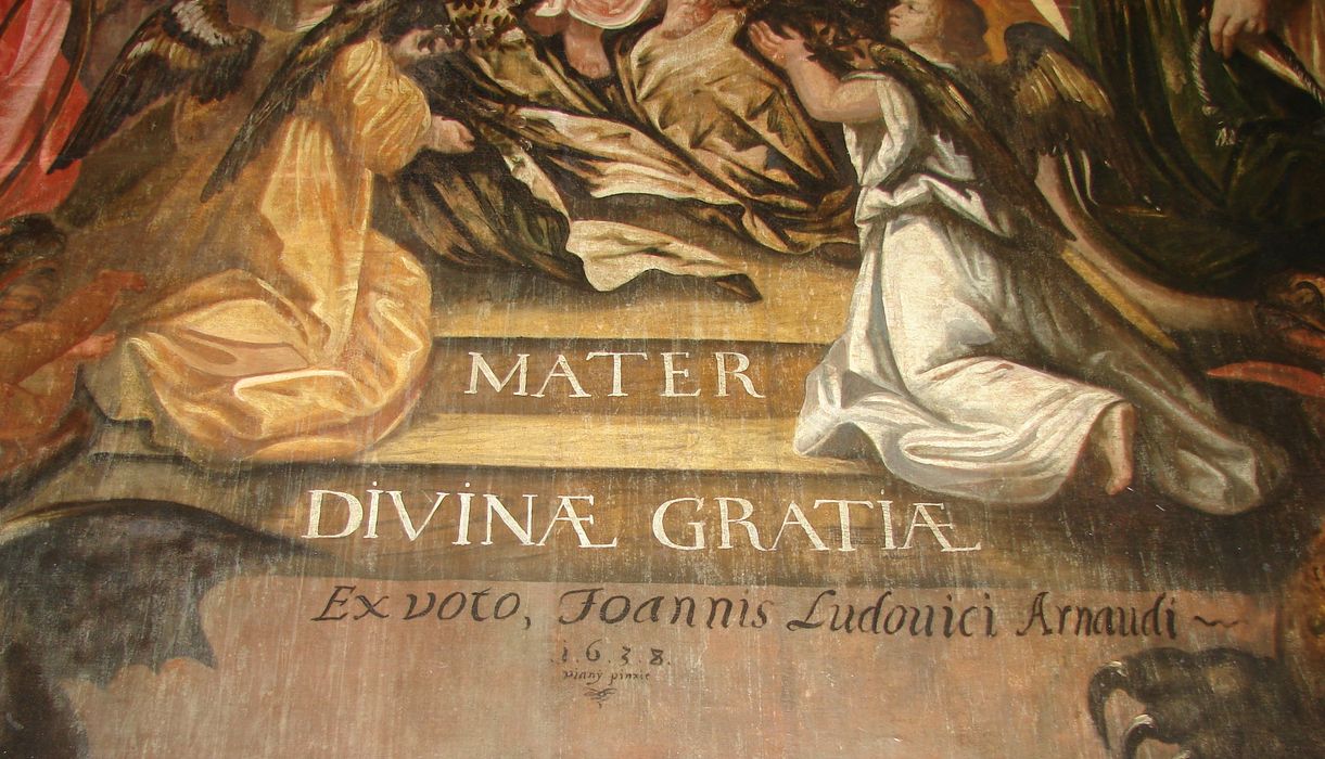 tableau : Notre-Dame des-grâces entre les saintes marguerite et Marthe, détail de l’inscription
