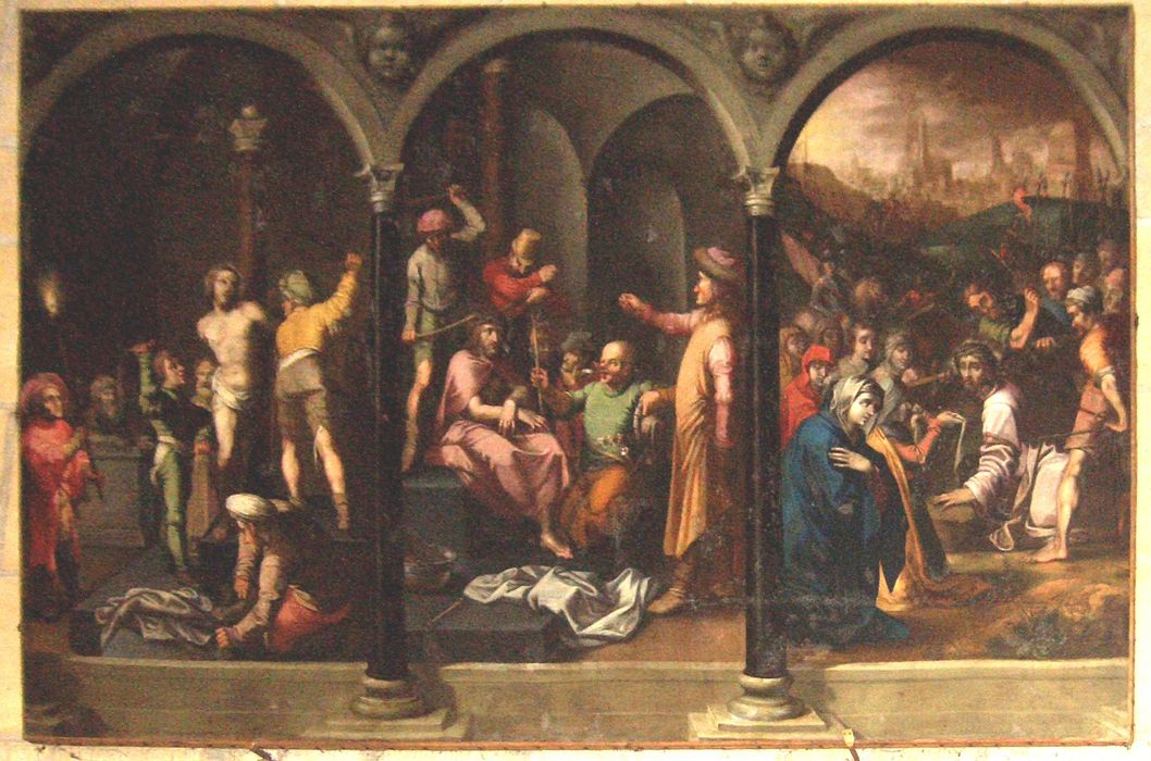 Tableau : la Flagellation, le Couronnement d'épines, la Montée au calvaire