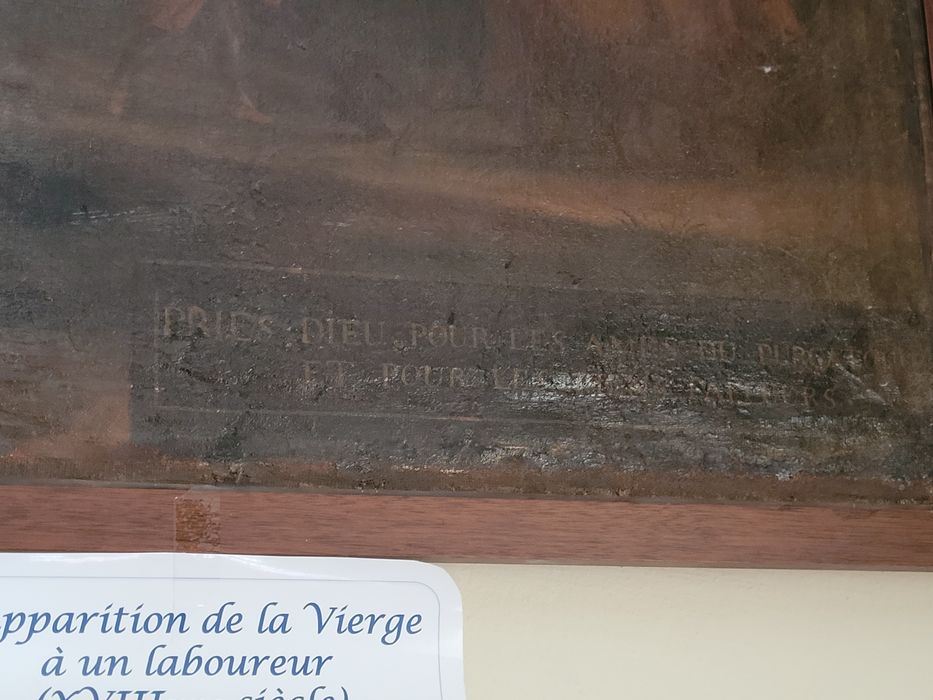 tableau ex-voto : Vierge et l’Enfant apparaissant à un laboureur, détail de l’inscription