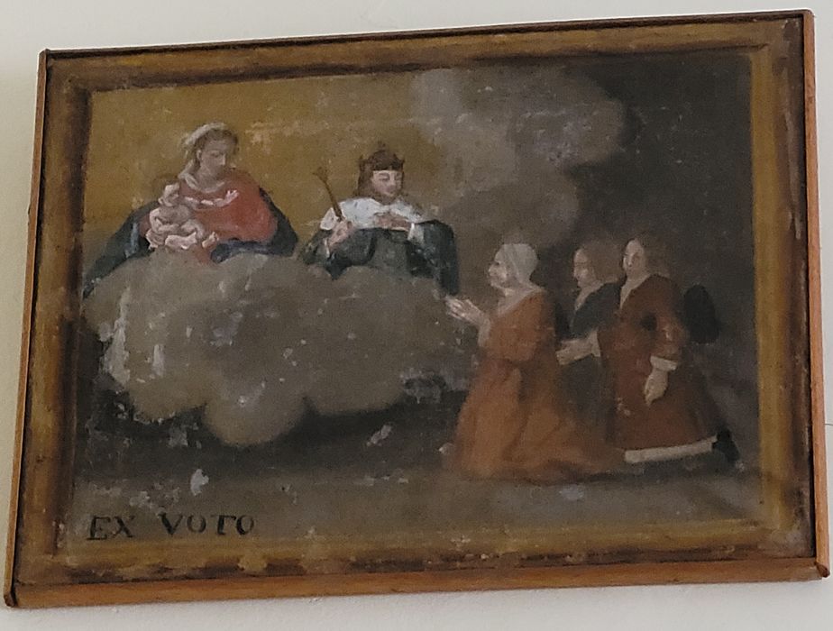 ex-voto : la Vierge et l'Enfant et un roi apparaissant à trois personnages agenouillés