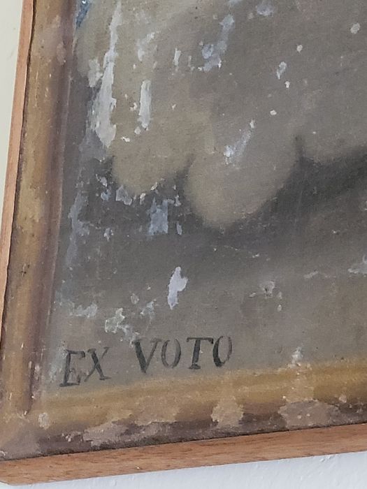 ex-voto : la Vierge et l'Enfant et un roi apparaissant à trois personnages agenouillés, détail