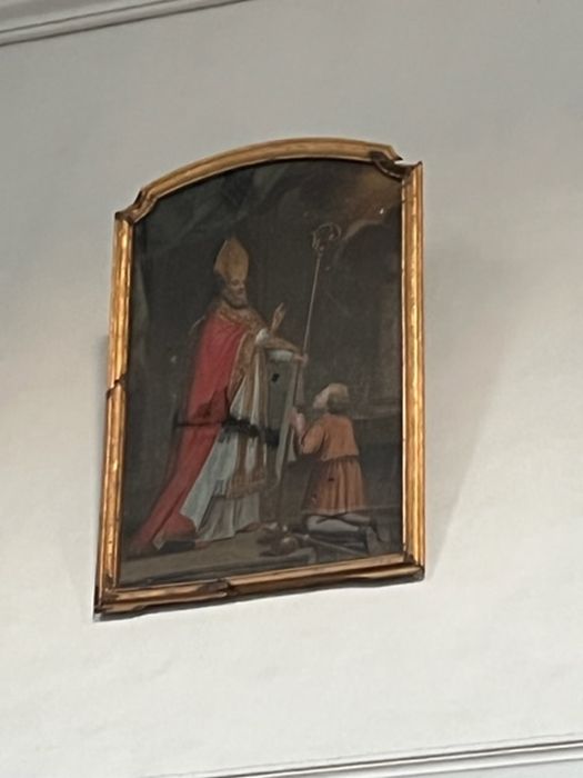 tableau : Saint évêque bénissant un pèlerin