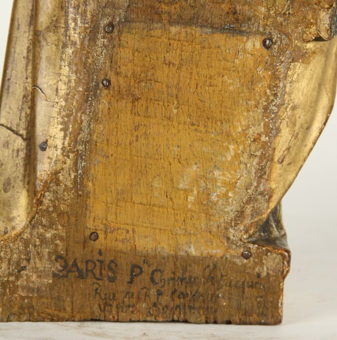 statue : Vierge à l'Enfant, détail de l’inscription