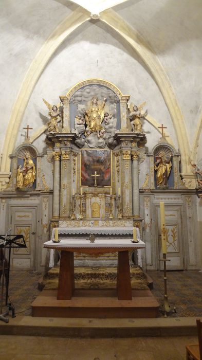 maître-autel, retable, haut-relief : Annonciation de la Vierge, statues : Anges adorateurs, Vierge, groupe sculpté : Sainte Anne et la Vierge