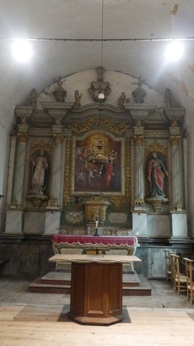 maître-autel, tabernacle, retable, tableau : Annonciation, statues : Saint Ouen, Saint Barthélémy