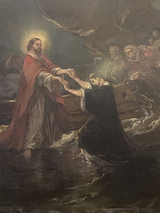 tableau : Jésus marchant sur les eaux tend la main à saint Pierre, détail