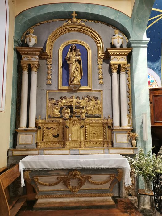 retable de la chapelle nord, tabernacle, statue : Vierge à l'Enfant, bas-relief : Cène