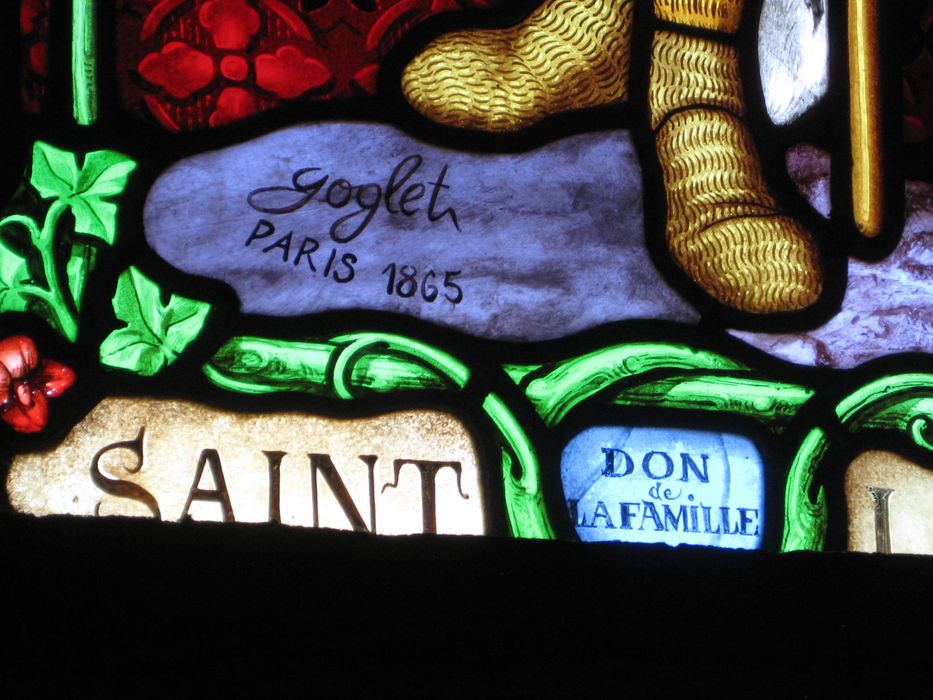 verrière : saint Louis, saint François de Sales, détail de l’inscription