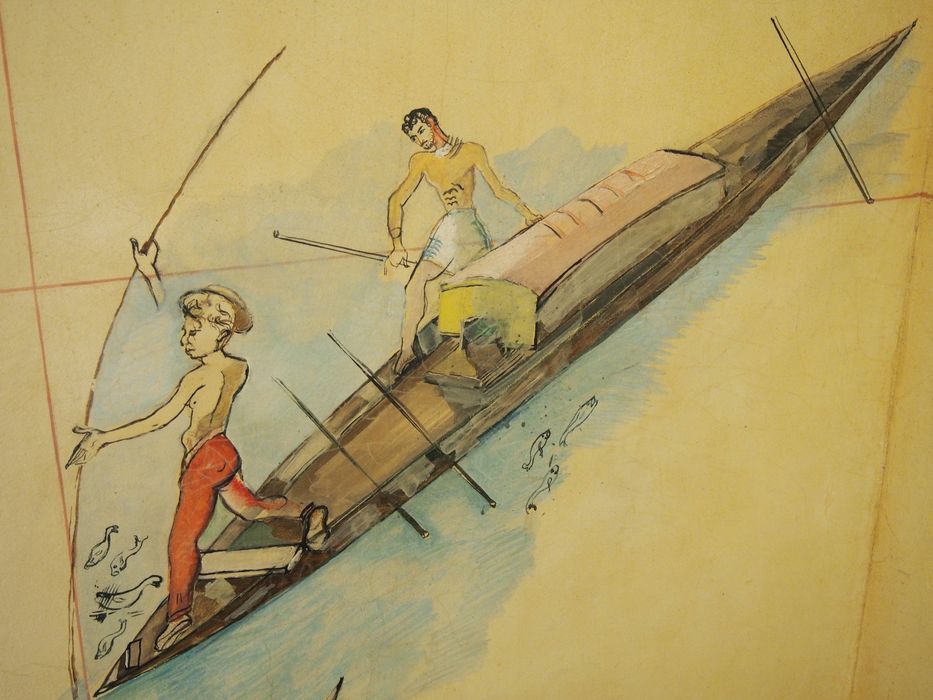 bureau de la présidente de la CNIL, peinture monumentale, détail d'une pirogue asiatique