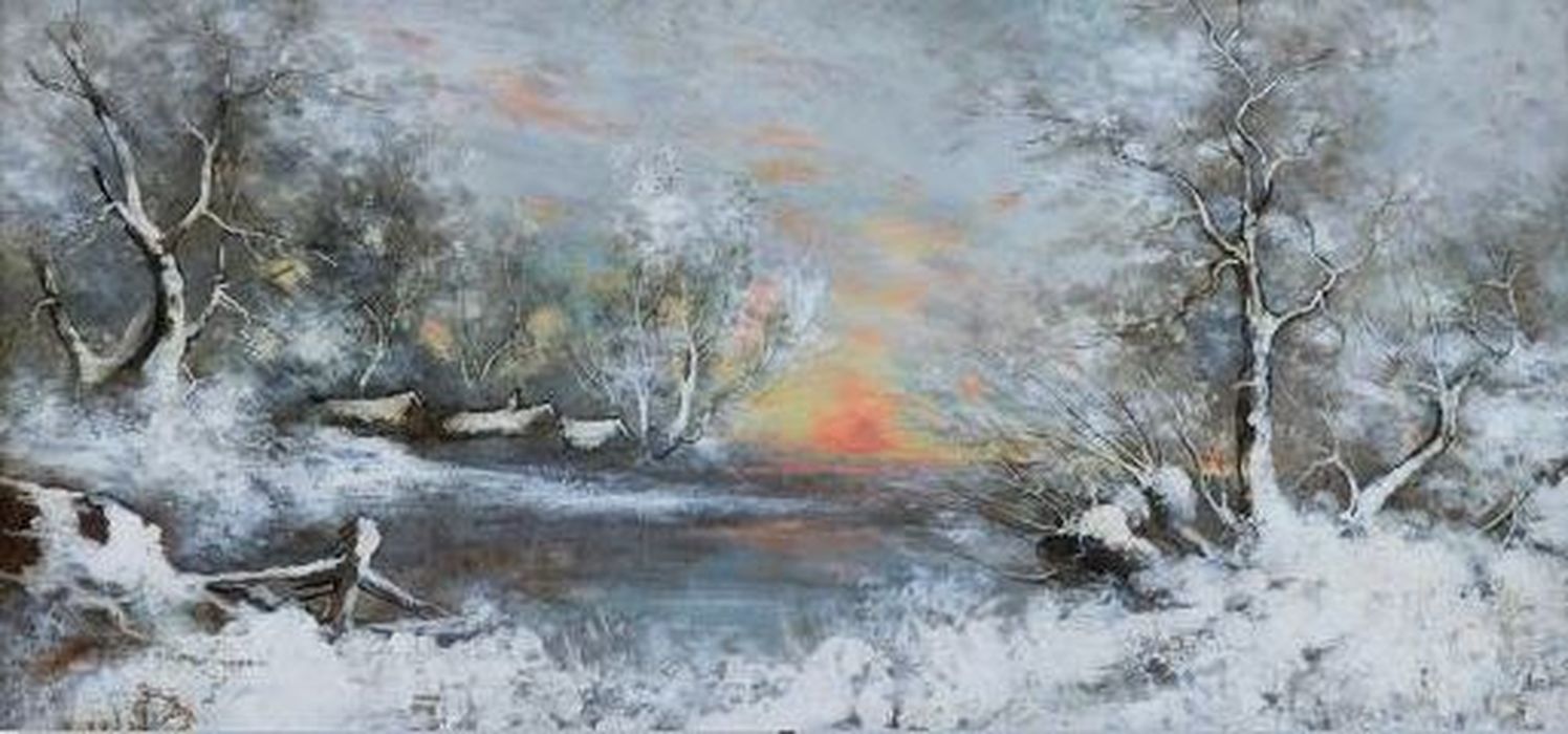 tableau : Paysage boisé sous la neige au crépuscule